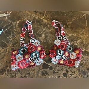 Colorful Boho Crochet Floral Top, bikini top style, size small, NWOT